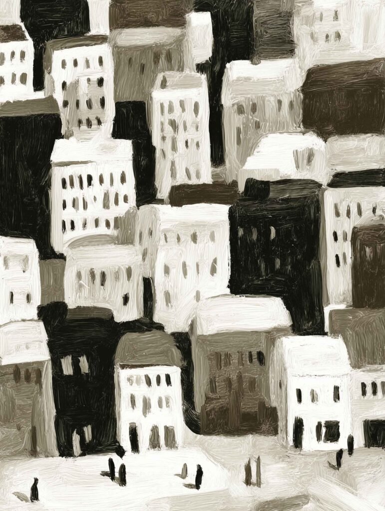 Abstract neutral-toned painting poster of urban buildings
