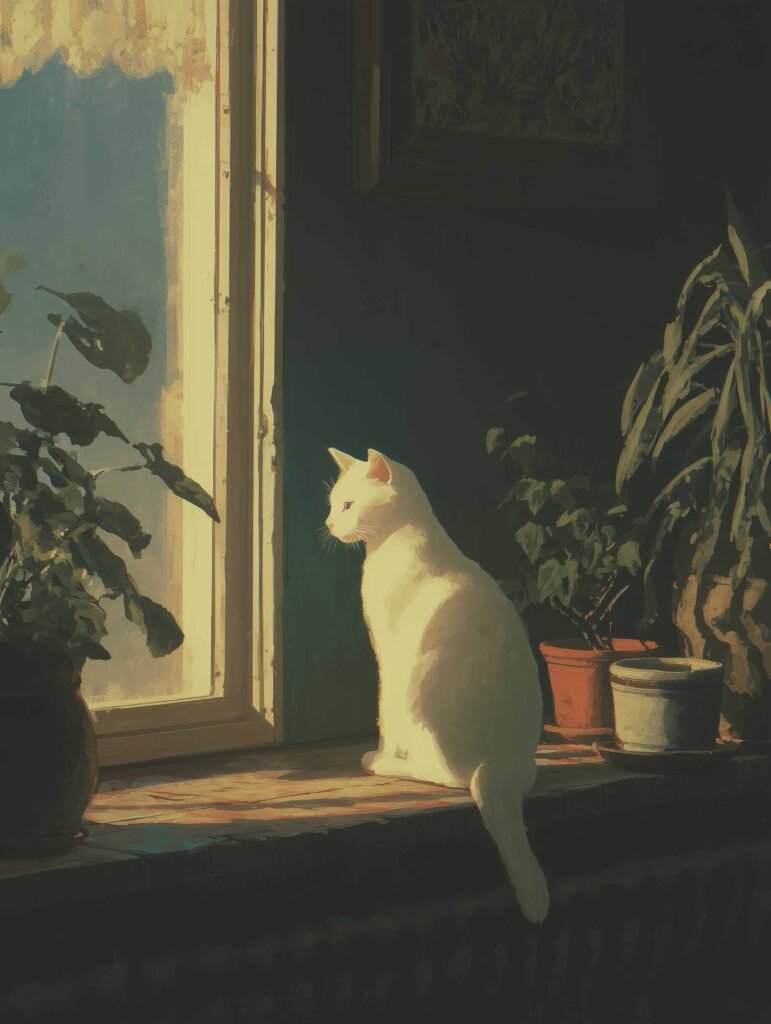 art poster of a white cat in warm moonlight