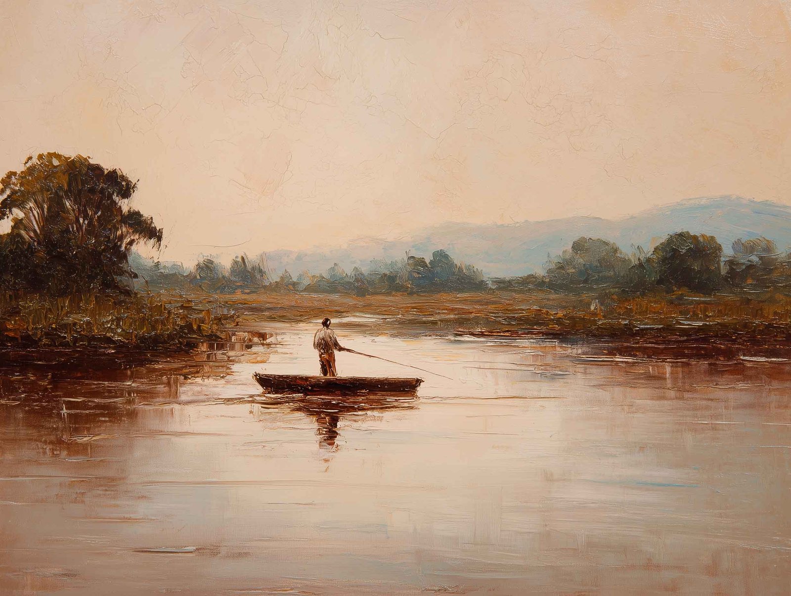 Tranquil countryside scene with a lone fisherman