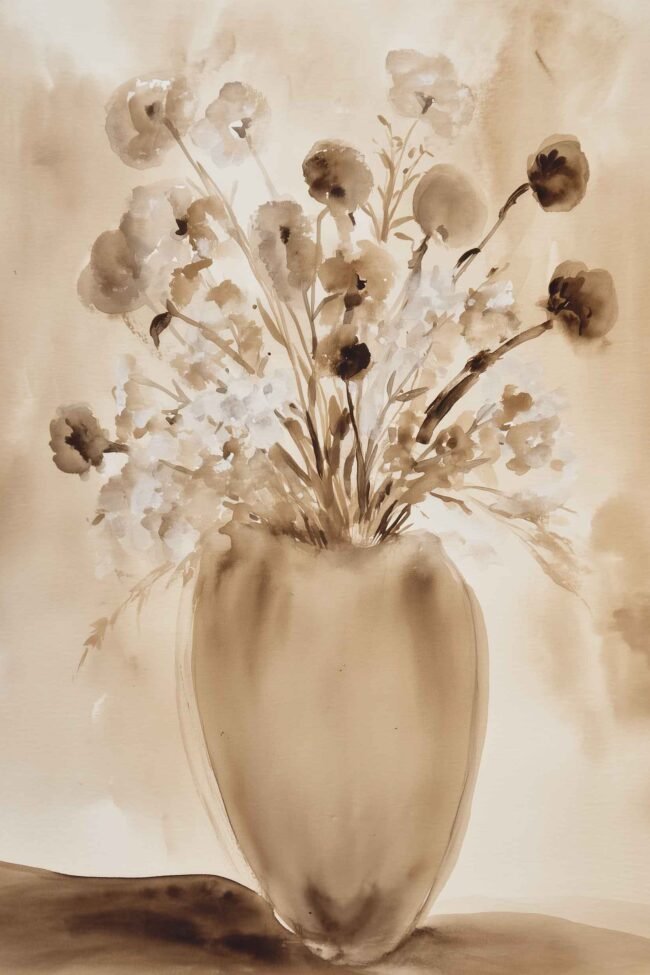 A delicate flower arrangement in warm neutral tones.