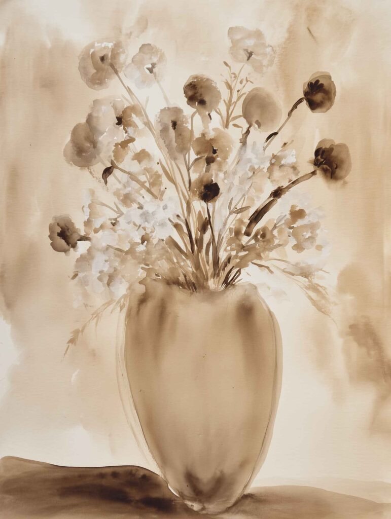 A delicate flower arrangement in warm neutral tones.