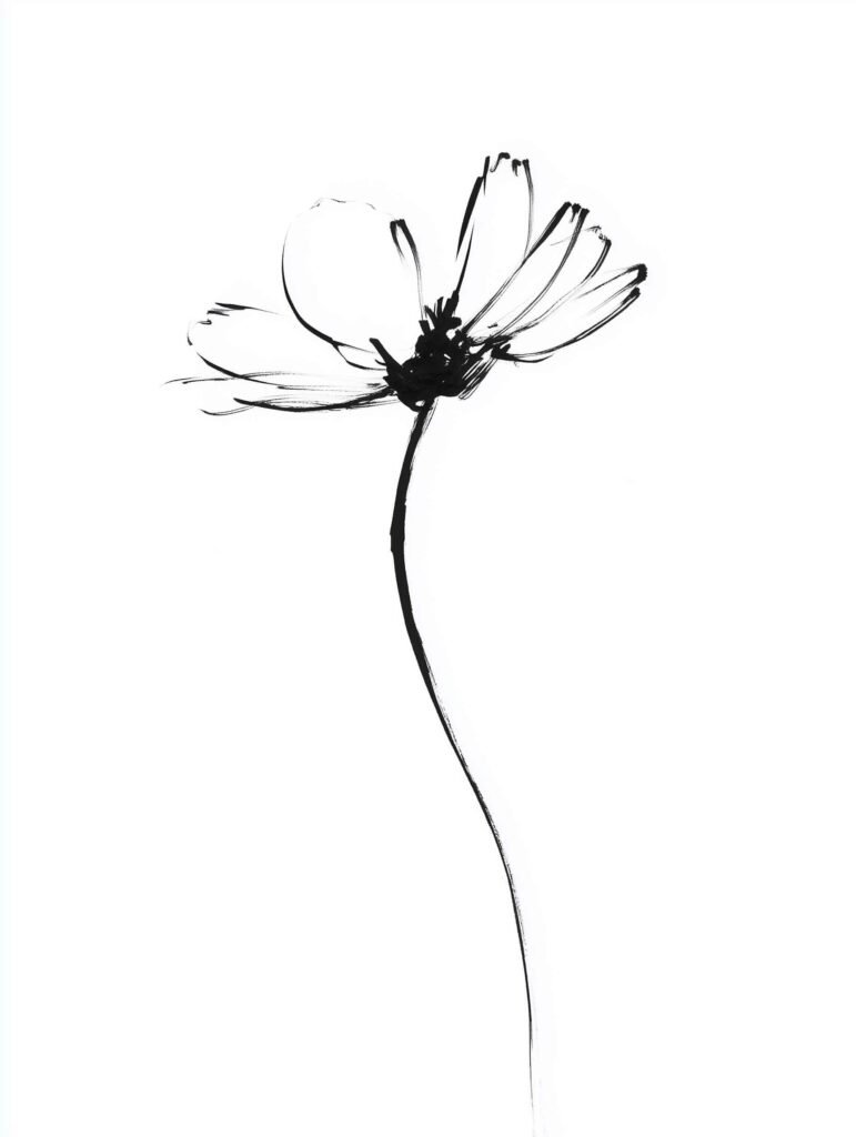 Black and white minimalist art print featuring a single flower