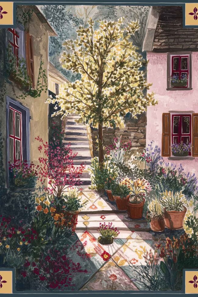 Gouache-style painting of a sunlit courtyard garden in soft, warm colors