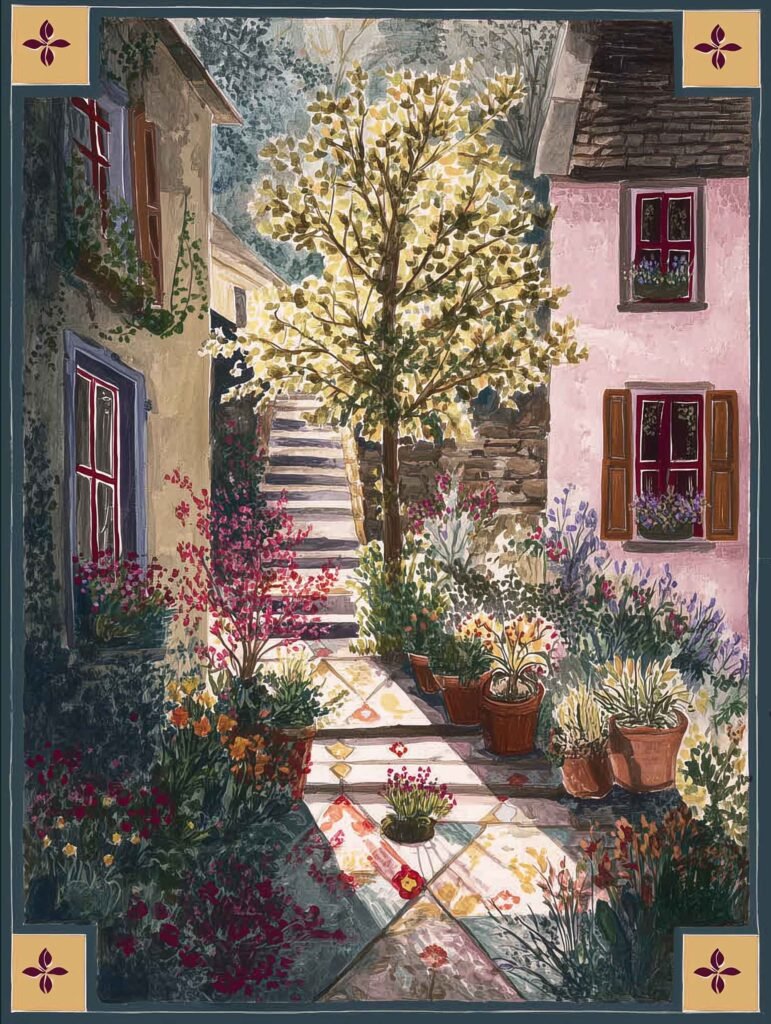 Gouache-style painting of a sunlit courtyard garden in soft, warm colors