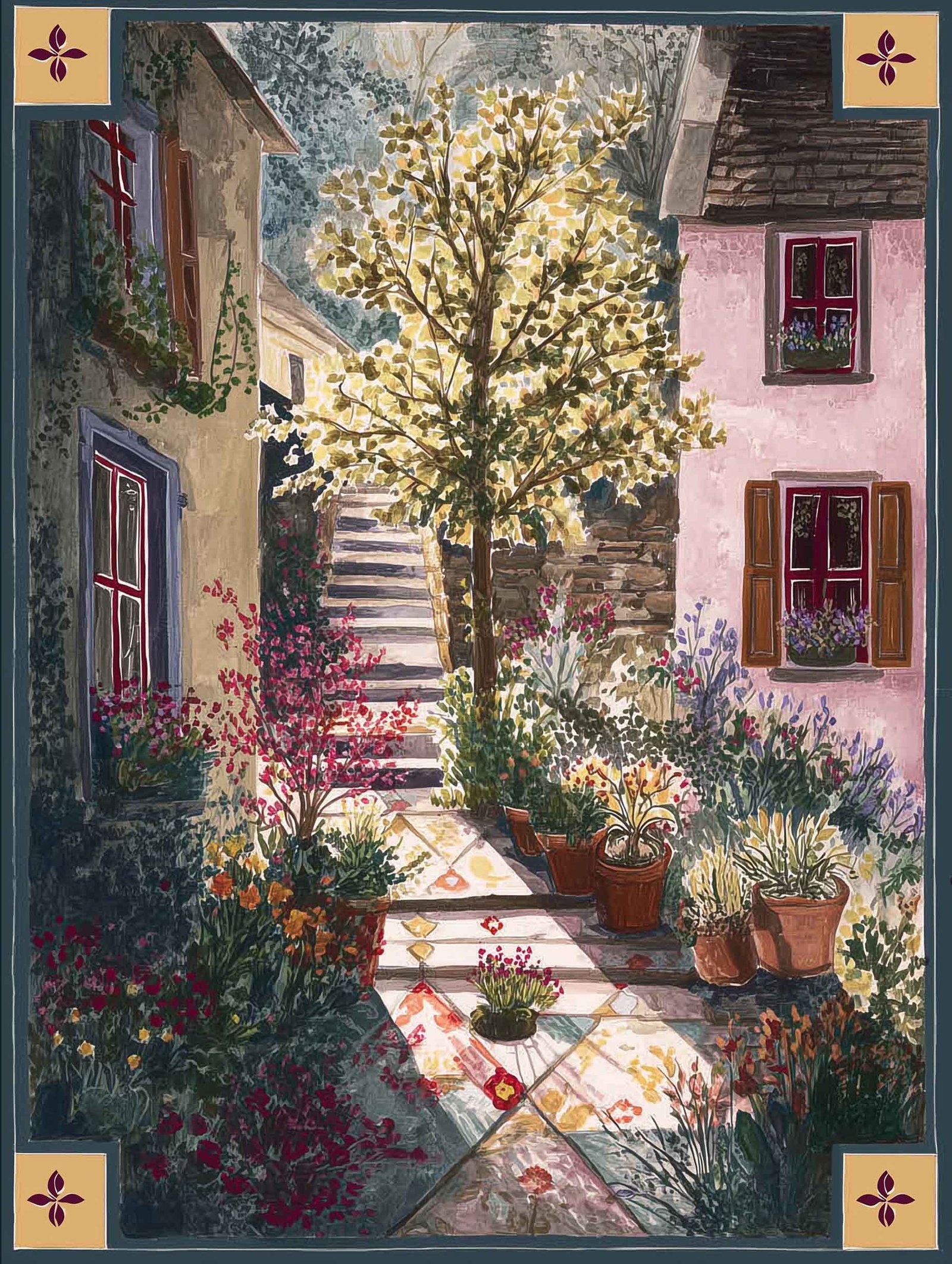 Gouache-style painting of a sunlit courtyard garden in soft, warm colors