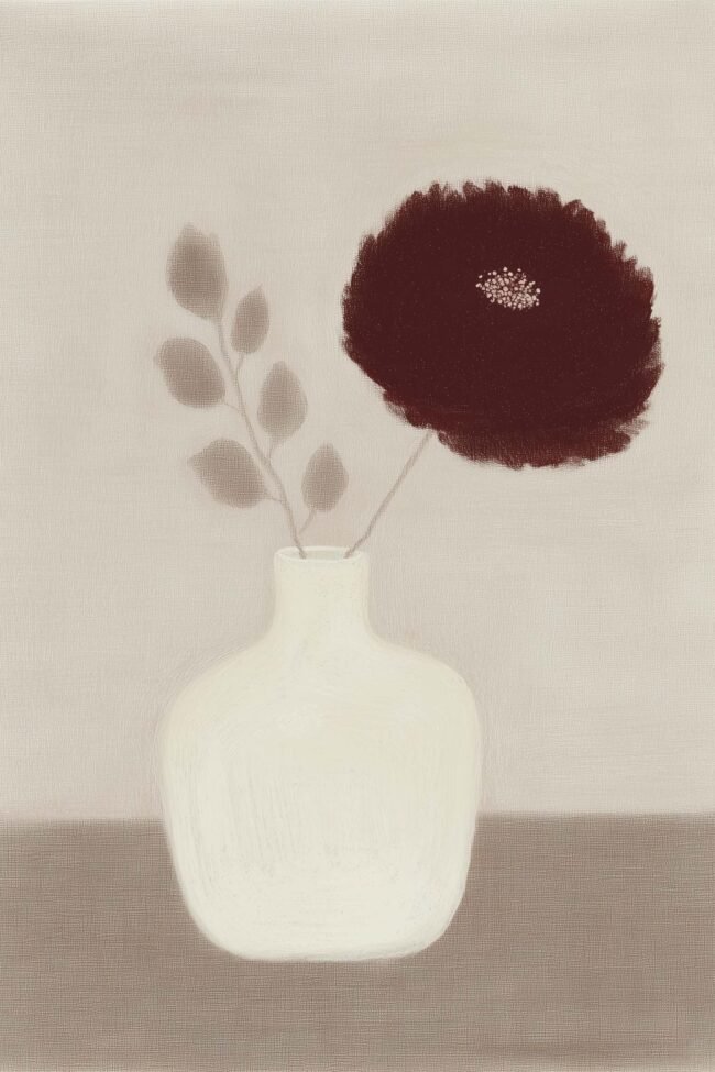 botanical wall art with a single dark flower