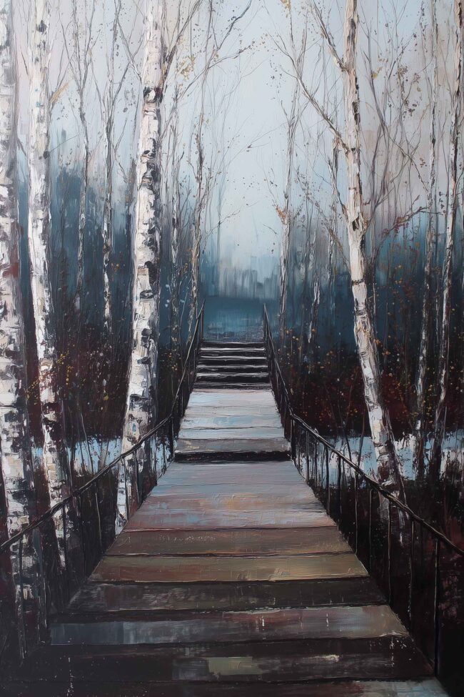 Tranquil landscape painting of a wooden bridge in a birch grove