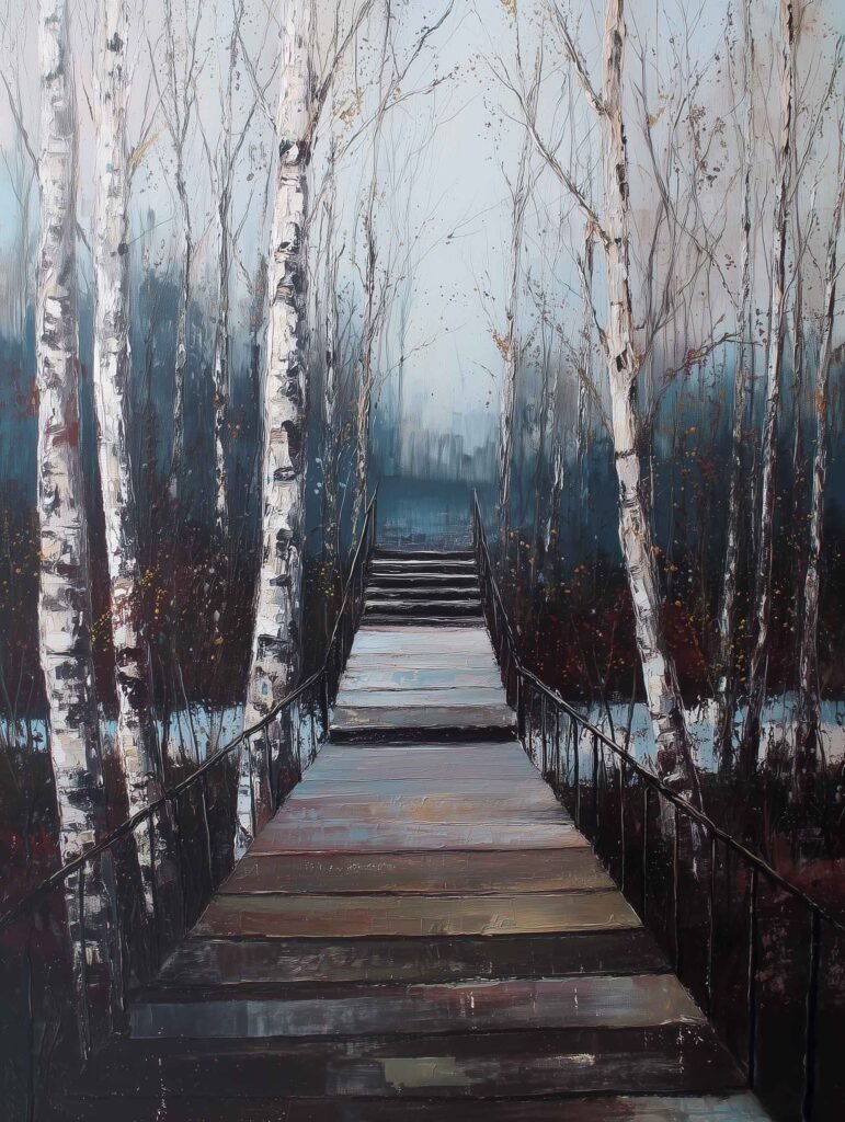 Tranquil landscape painting of a wooden bridge in a birch grove