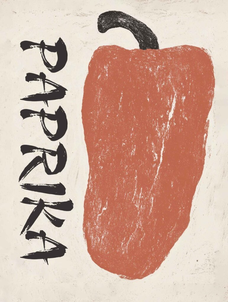 Poster of a bold red pepper in playful handwritten style