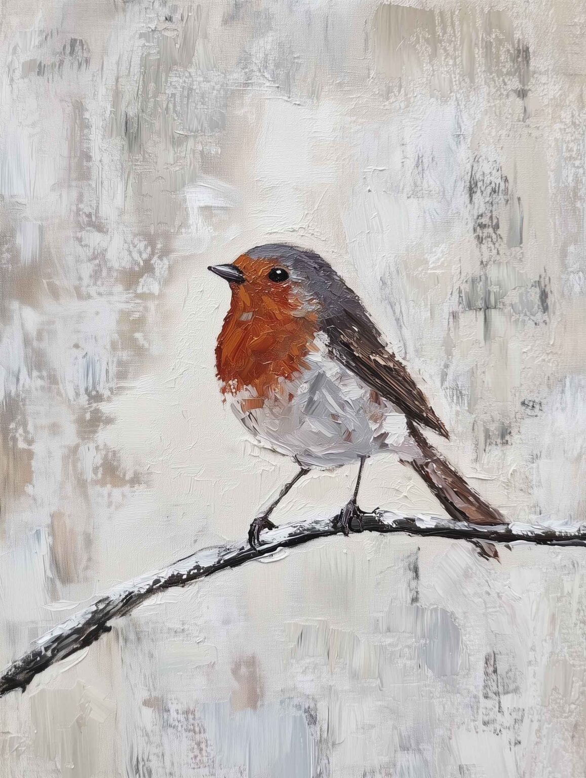 Textured oil painting of a European robin on a branch