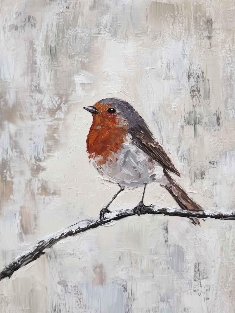 Textured oil painting of a European robin on a branch